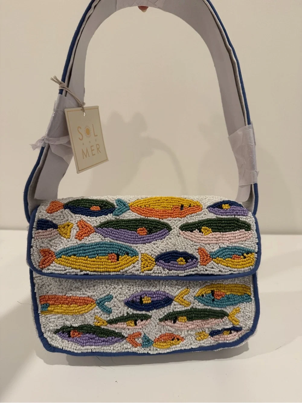 Multicolor Beaded Fish-Pattern Shoulder Bag - Blue Trim